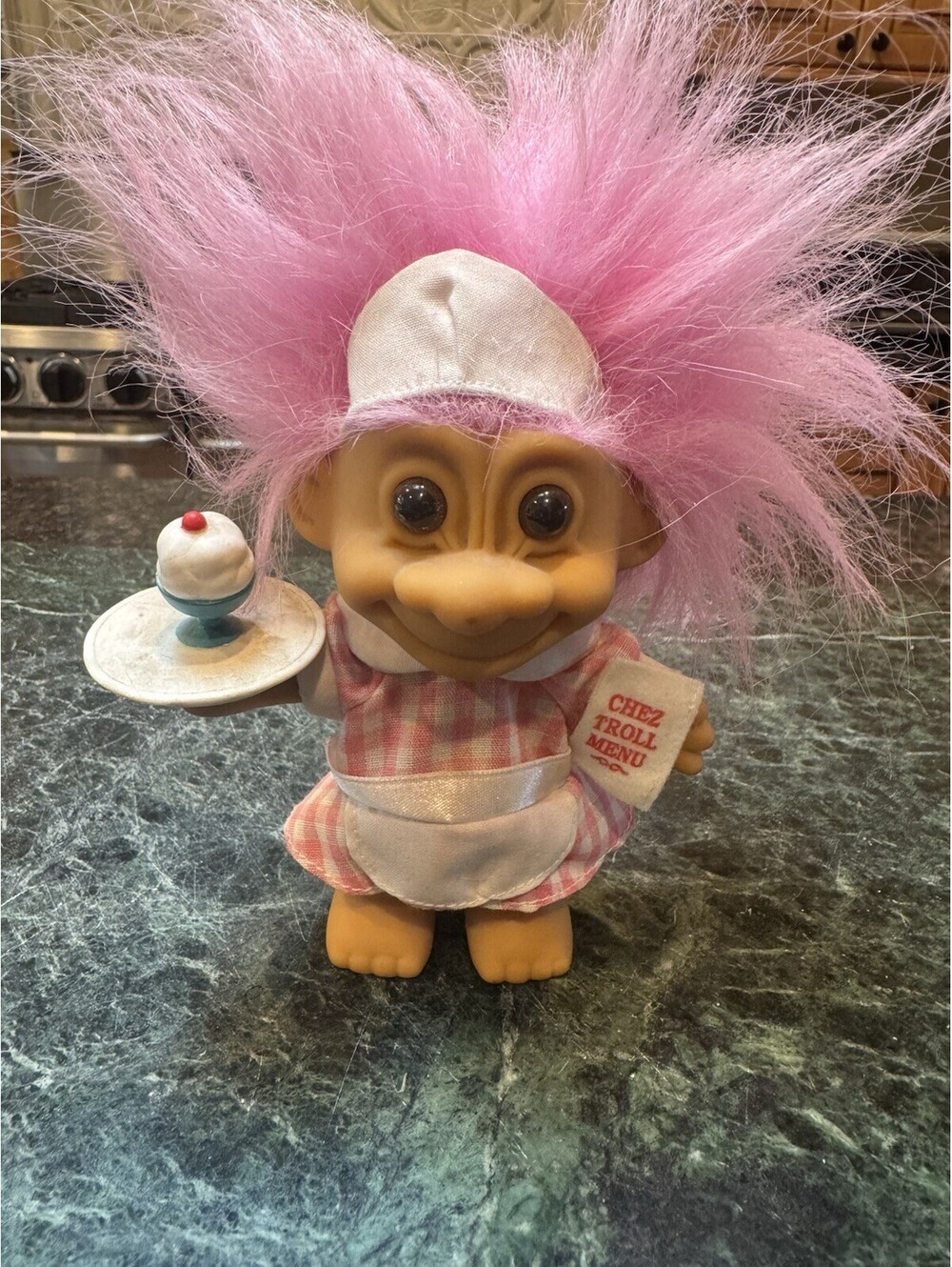 Russ Troll Doll Chef Pink Hair 1985 with Cupcake Accessory Vintage